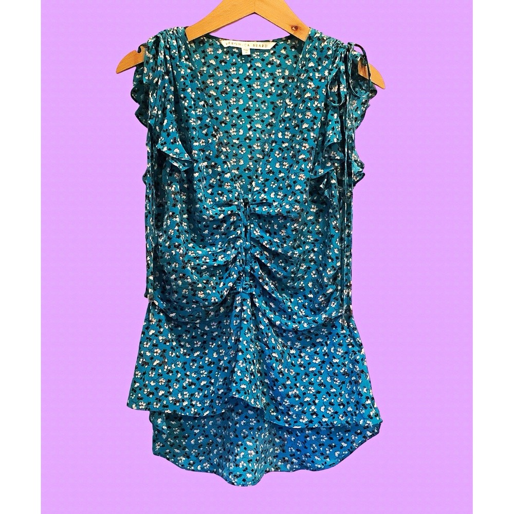 Veronica Beard Blue Floral Ruffle Tie Sleeveless Pullover Blouse Sz 10 Boho Top
